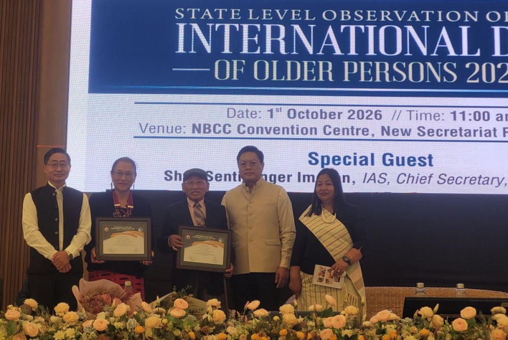 Sentiyanger Imchen, Limawabang Jamir and Tosheli Zhimomi with recipients of the State Senior Citizen Award 2026 in Kohima on October 1. (Morung Photo)
